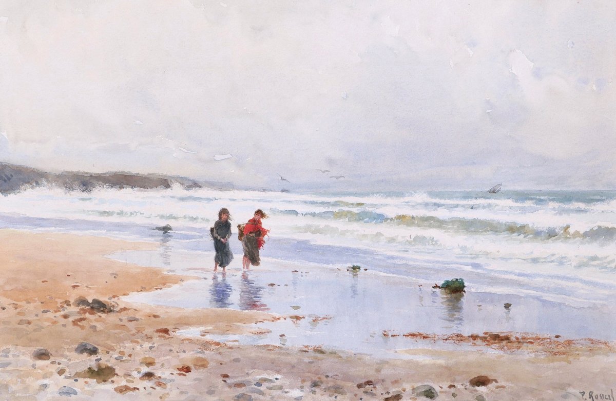 Paul Rossert, Two Young Fisherwomen On The Beach In Normandy, Watercolor