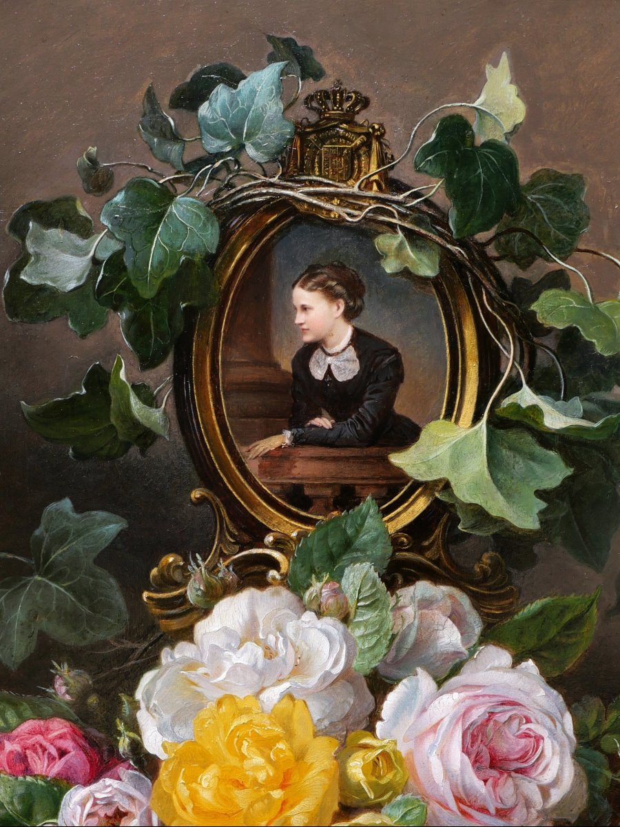 Josef Neugebauer , Portrait Of An Austrian Noble Lady With Ivy And Roses, Painting-photo-2