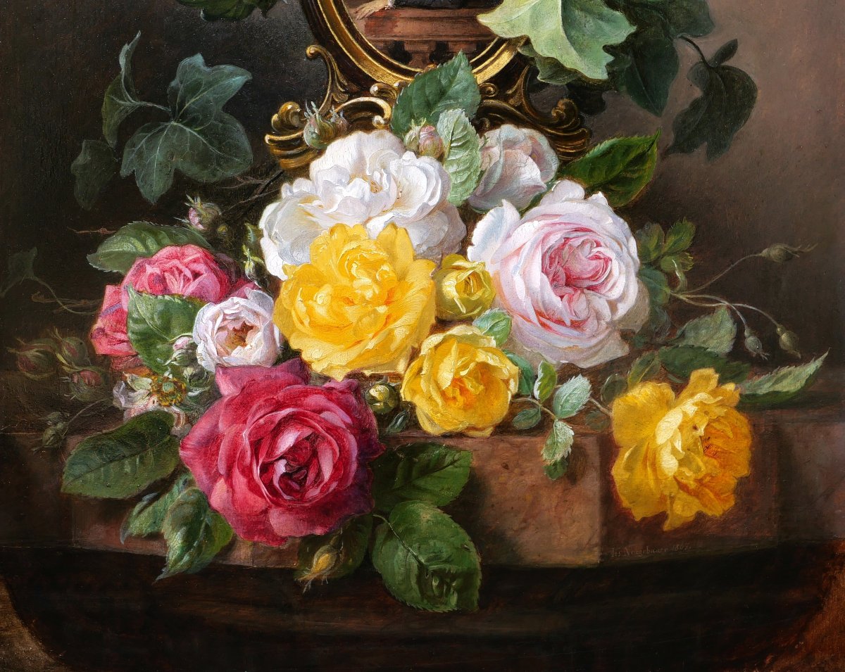 Josef Neugebauer , Portrait Of An Austrian Noble Lady With Ivy And Roses, Painting-photo-3