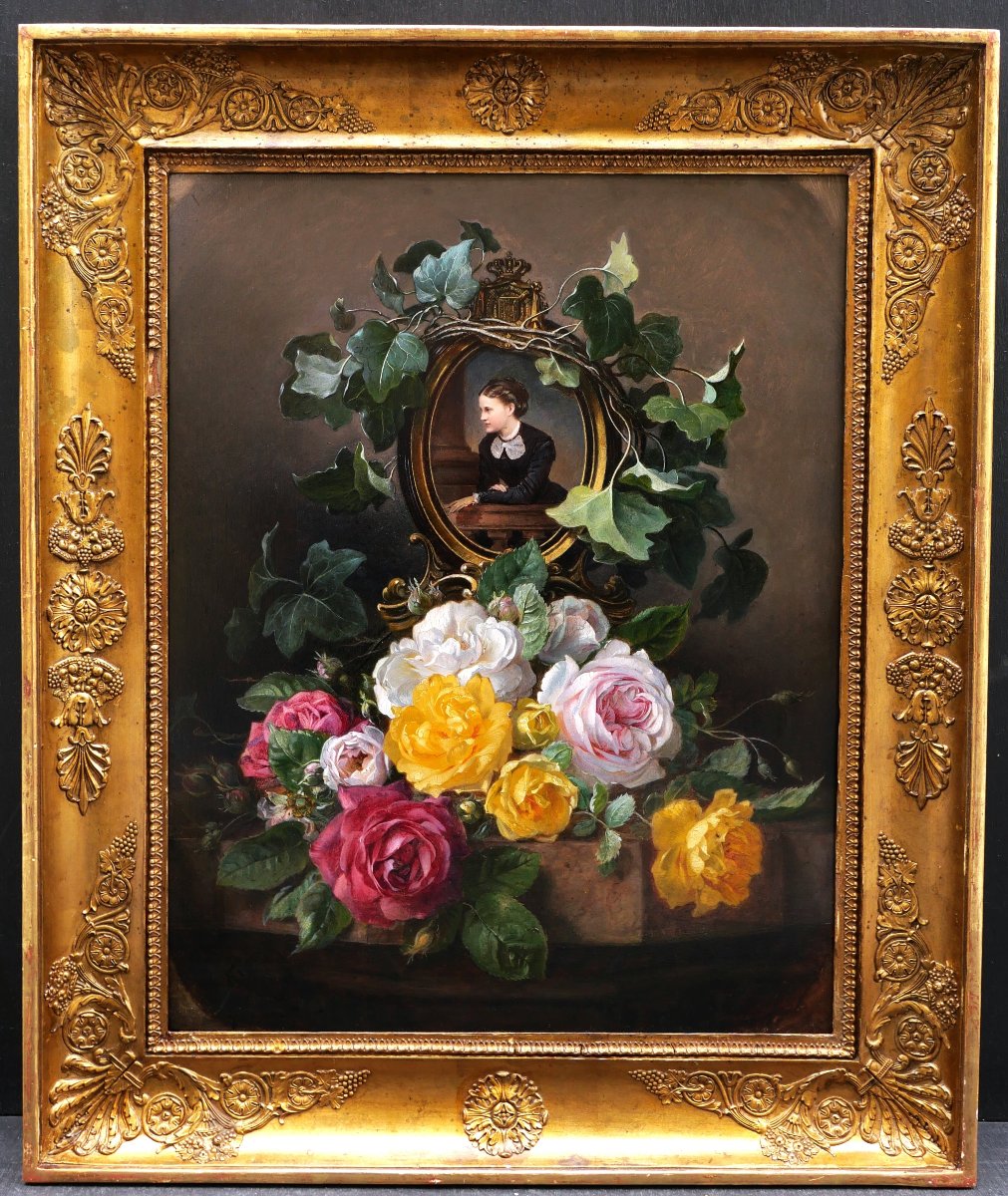 Josef Neugebauer , Portrait Of An Austrian Noble Lady With Ivy And Roses, Painting-photo-2