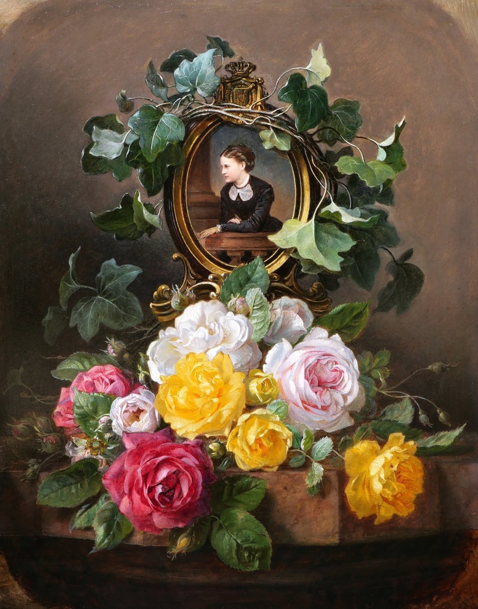 Josef Neugebauer , Portrait Of An Austrian Noble Lady With Ivy And Roses, Painting