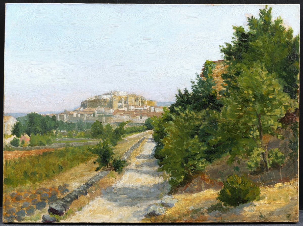 École FRANÇAISE début XXème siècle, Vue de Grignan dans la Drôme provençale, tableau de paysage-photo-4