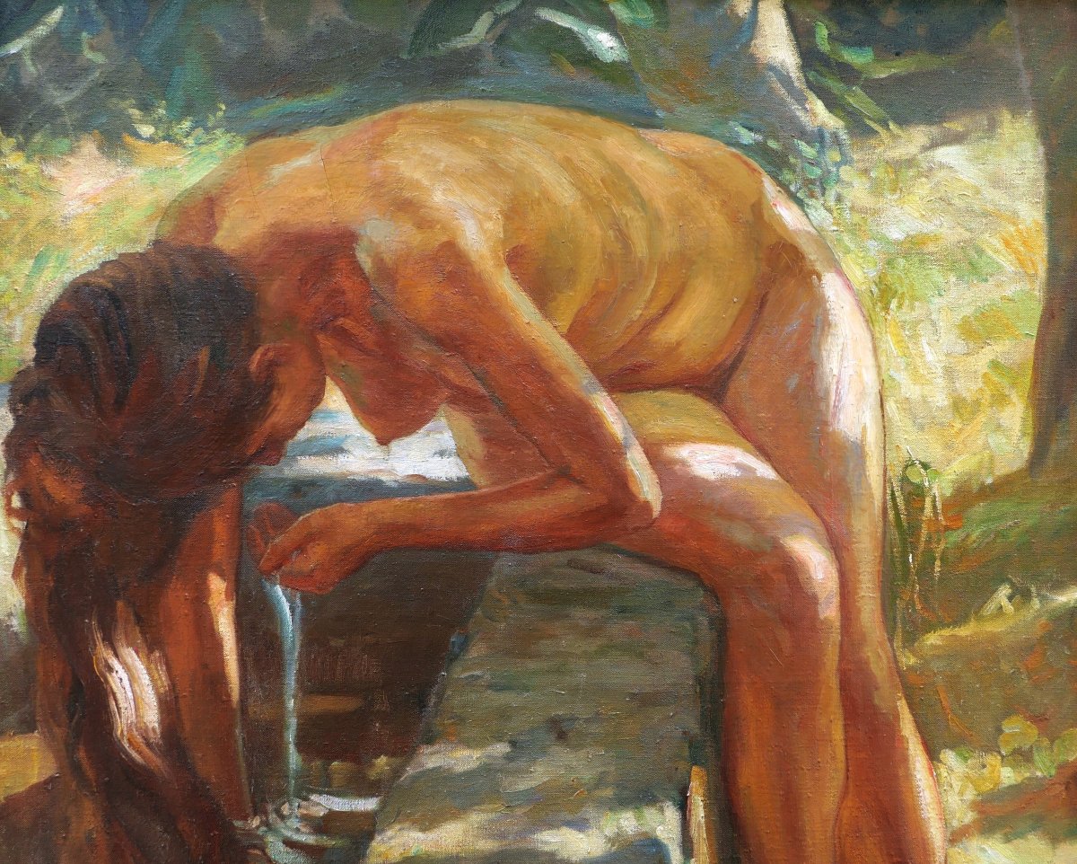 Claude FIRMIN, Femme nue à la fontaine en Avignon, tableau (GRAND FORMAT)-photo-2