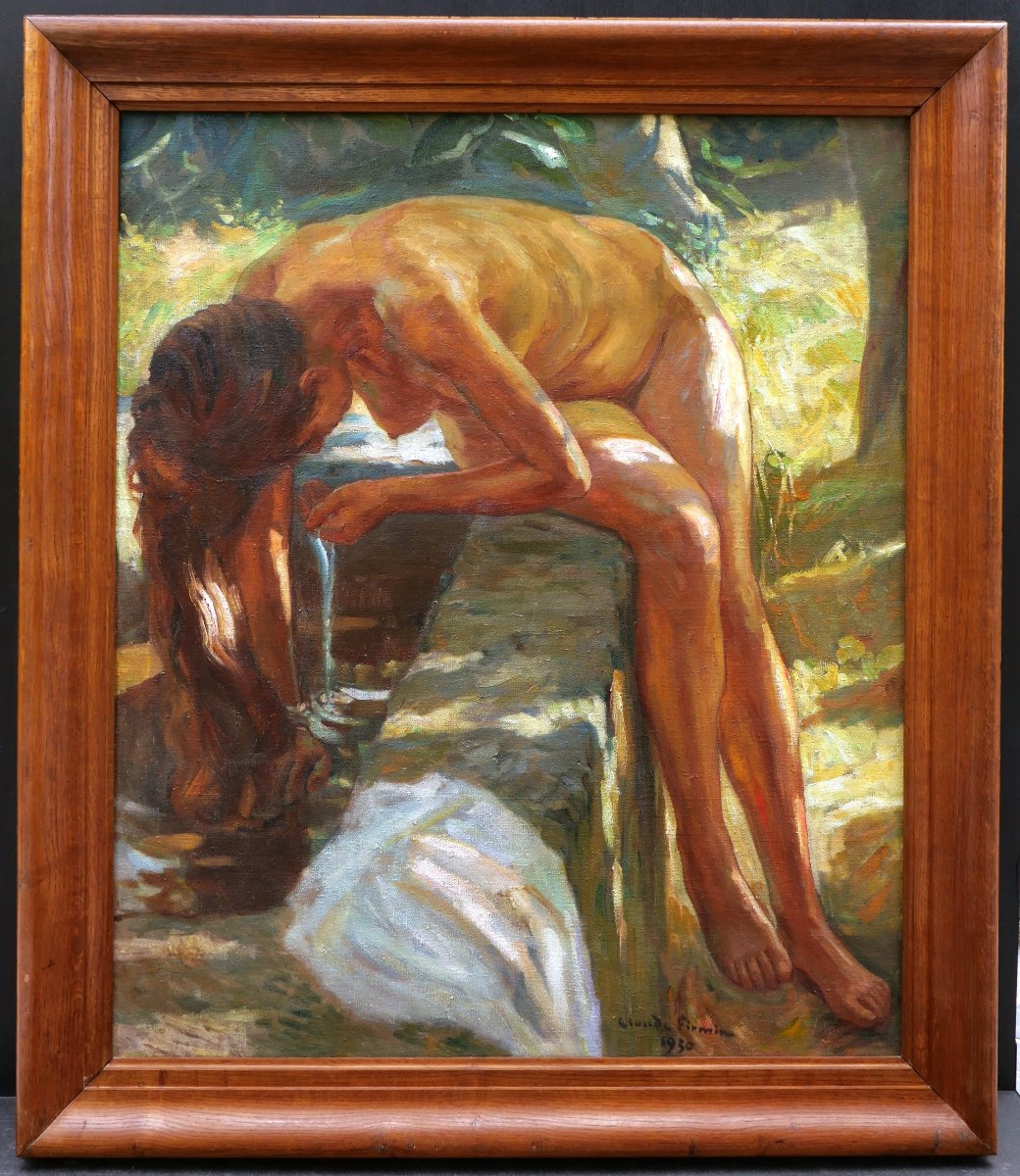 Claude FIRMIN, Femme nue à la fontaine en Avignon, tableau (GRAND FORMAT)-photo-1