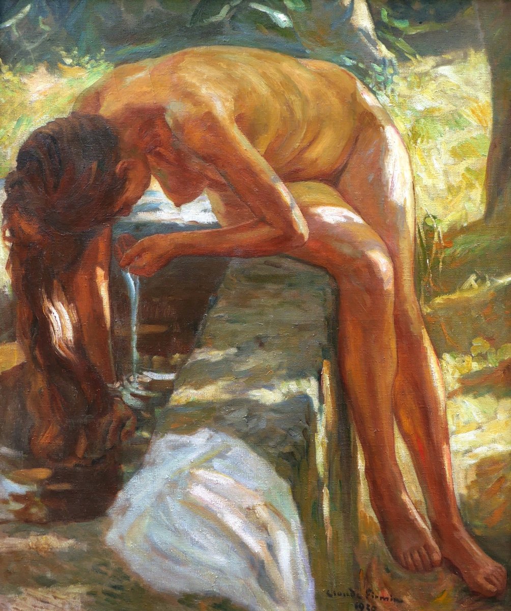 Claude FIRMIN, Femme nue à la fontaine en Avignon, tableau (GRAND FORMAT)