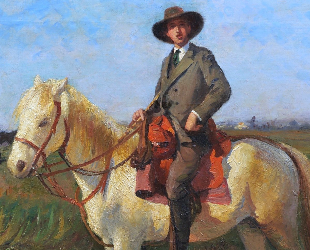 Léon Laurent GALANT, Gentilhomme d'Arles à cheval en Camargue, tableau portrait et paysage-photo-2
