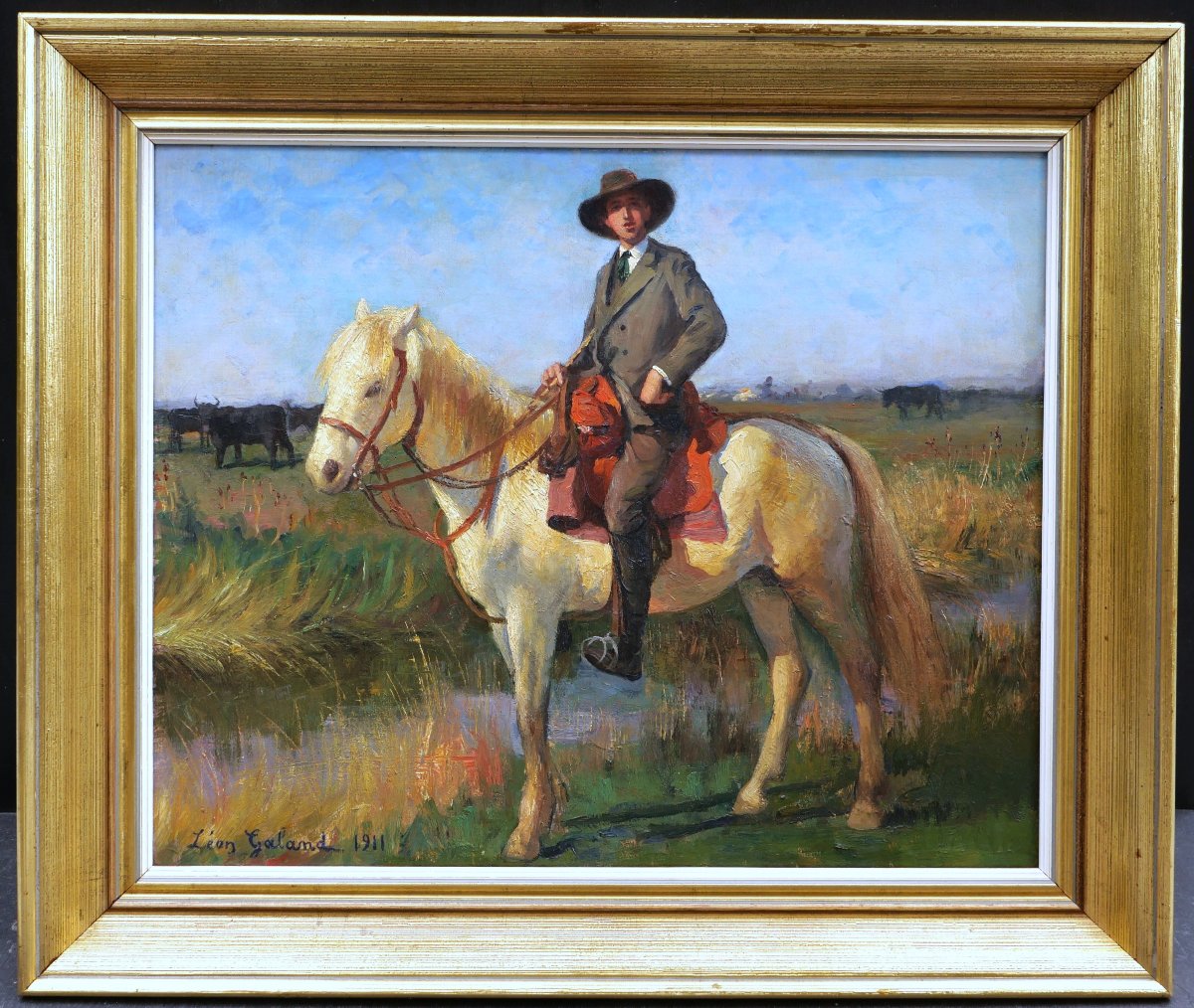 Léon Laurent GALANT, Gentilhomme d'Arles à cheval en Camargue, tableau portrait et paysage-photo-4