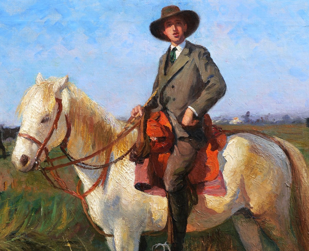 Léon Laurent Galand, Gentleman From Arles On Horseback In Camargue, Horse Portrait Painting-photo-3