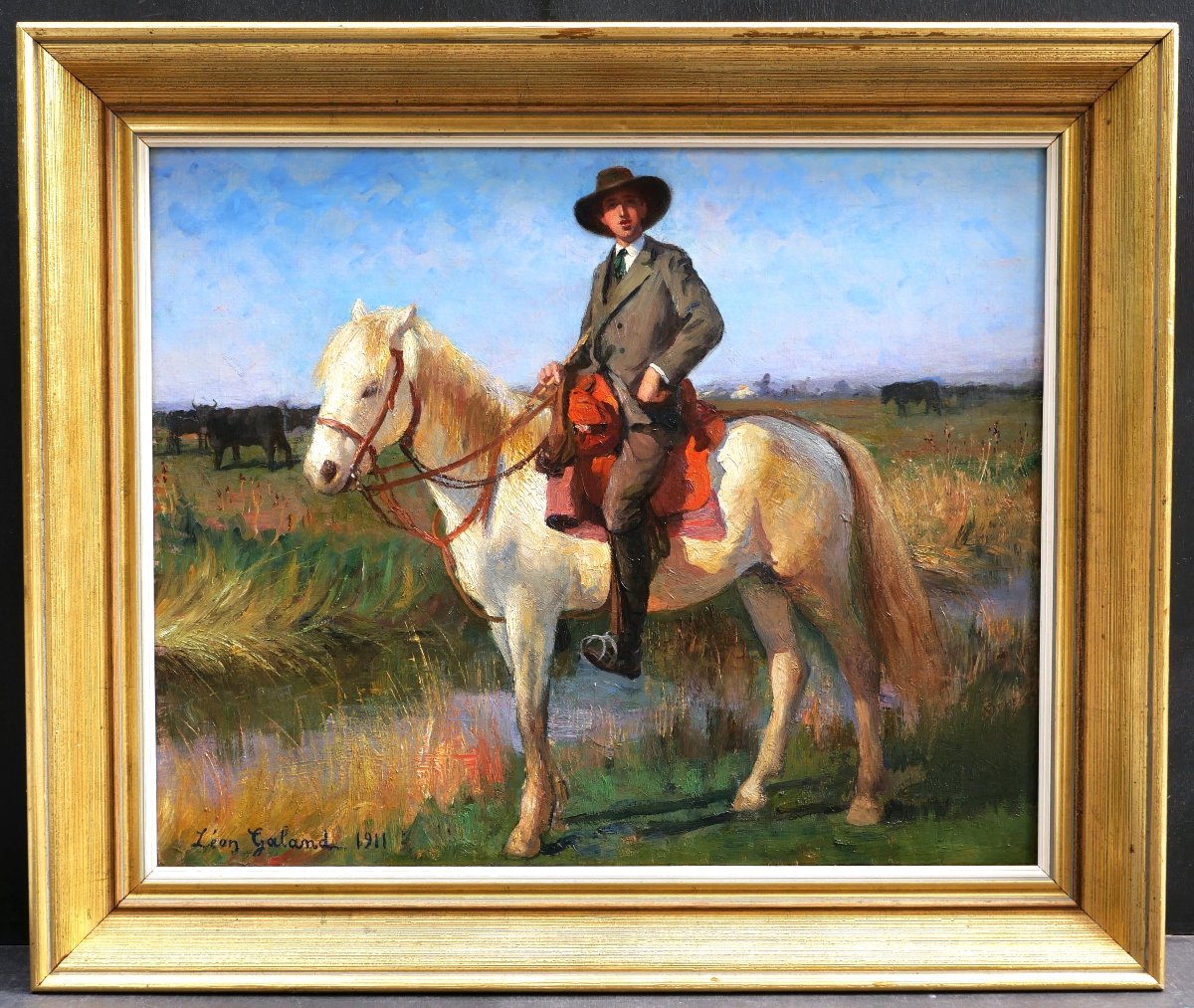 Léon Laurent Galand, Gentleman From Arles On Horseback In Camargue, Horse Portrait Painting-photo-1