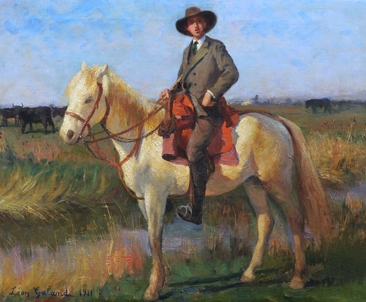 Léon Laurent GALANT, Gentilhomme d'Arles à cheval en Camargue, tableau portrait et paysage