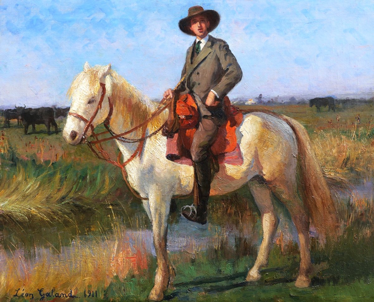 Léon Laurent Galand, Gentleman From Arles On Horseback In Camargue, Horse Portrait Painting