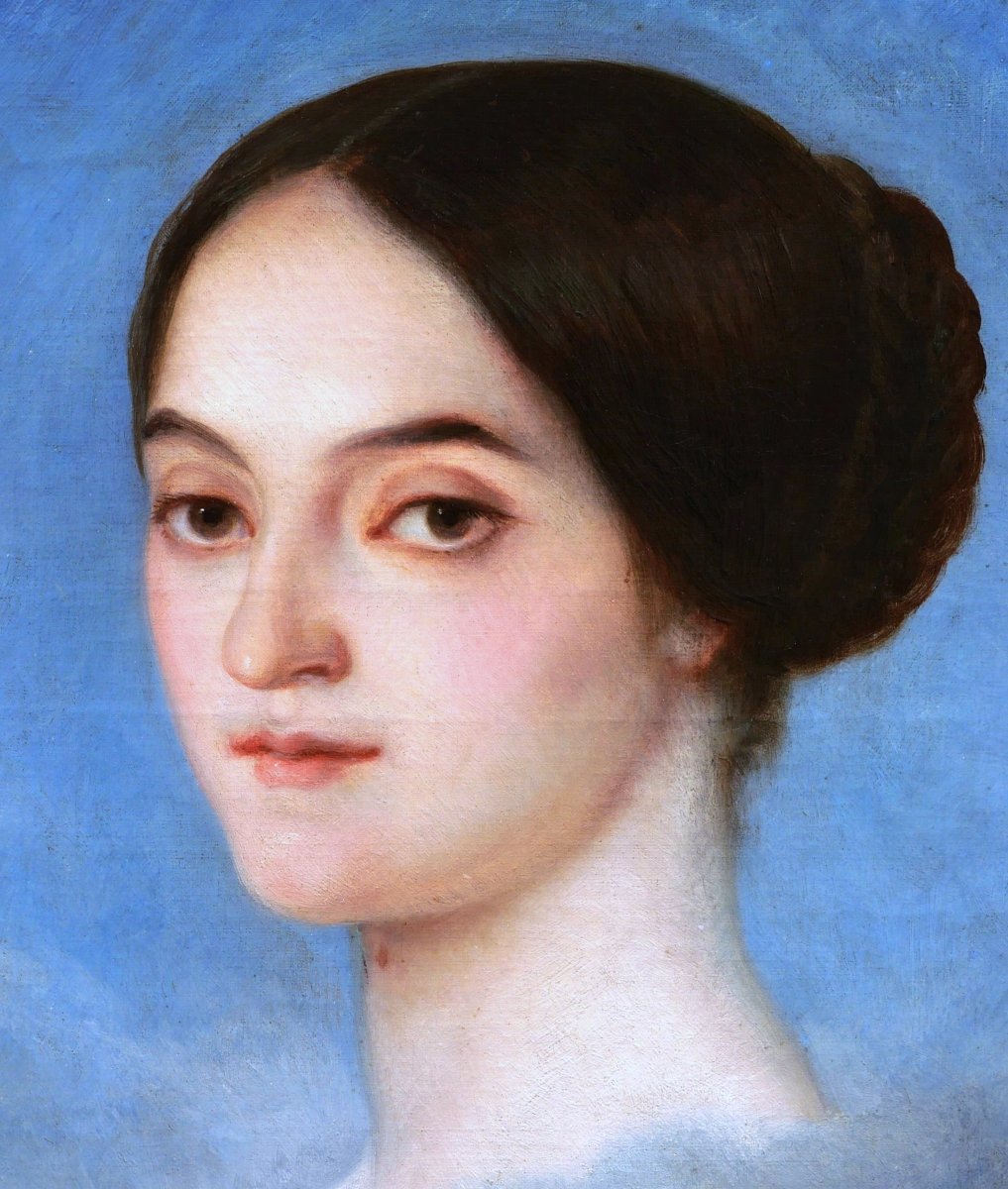 Félix-joseph Barrias, Portrait Of A Woman On A Blue Background, Tondo Painting-photo-2