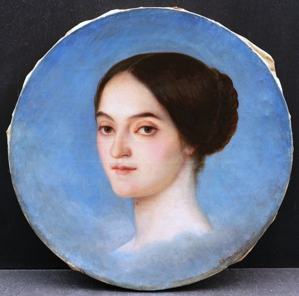 Félix-joseph Barrias, Portrait Of A Woman On A Blue Background, Tondo Painting