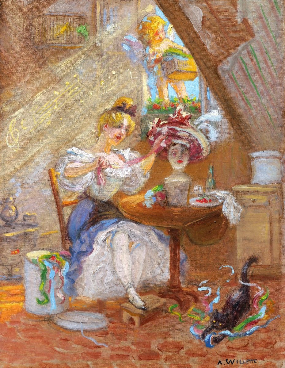 Adolphe Léon Willette, *mimi Pinson In Her Attic In Montmartre*, Painting