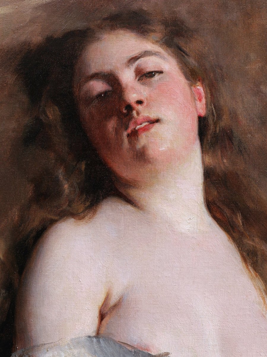 Charles Joshua CHAPLIN, Femme allongée à la poitrine dénudée, tableau de nu féminin-photo-2