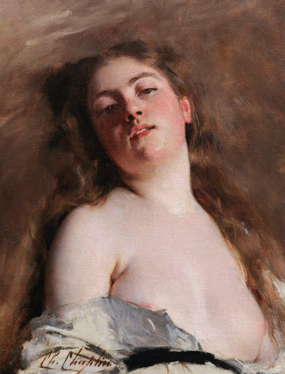 Charles Joshua CHAPLIN, Femme allongée à la poitrine dénudée, tableau de nu féminin
