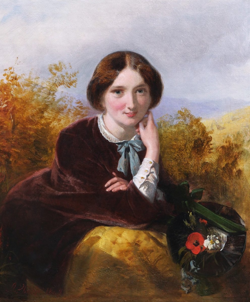 John PHILLIP, Portrait d'une belle Anglaise au chapeau fleuri, tableau anglais