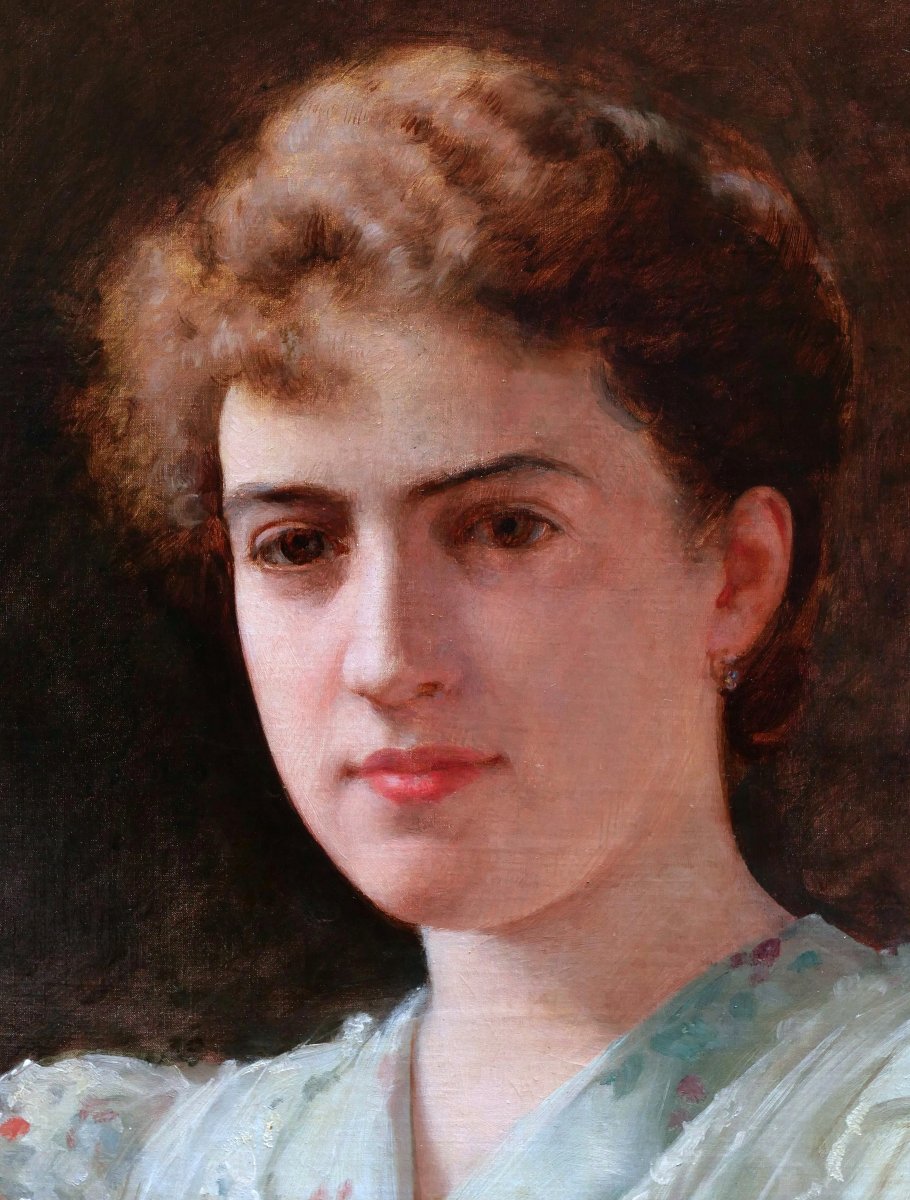 Auguste RAYNAUD, Portrait de jeune femme en robe vert pâle à motifs fleuris, tableau-photo-2
