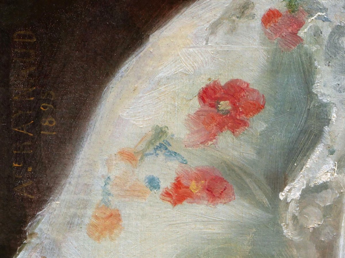 Auguste RAYNAUD, Portrait de jeune femme en robe vert pâle à motifs fleuris, tableau-photo-3