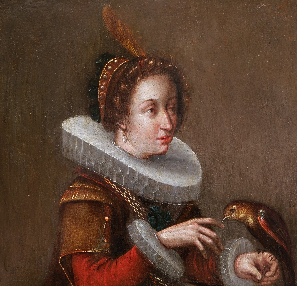 Frans Francken III, Noble Lady Holding A Bird, Old Master Flemish Painting (17th Century)-photo-2