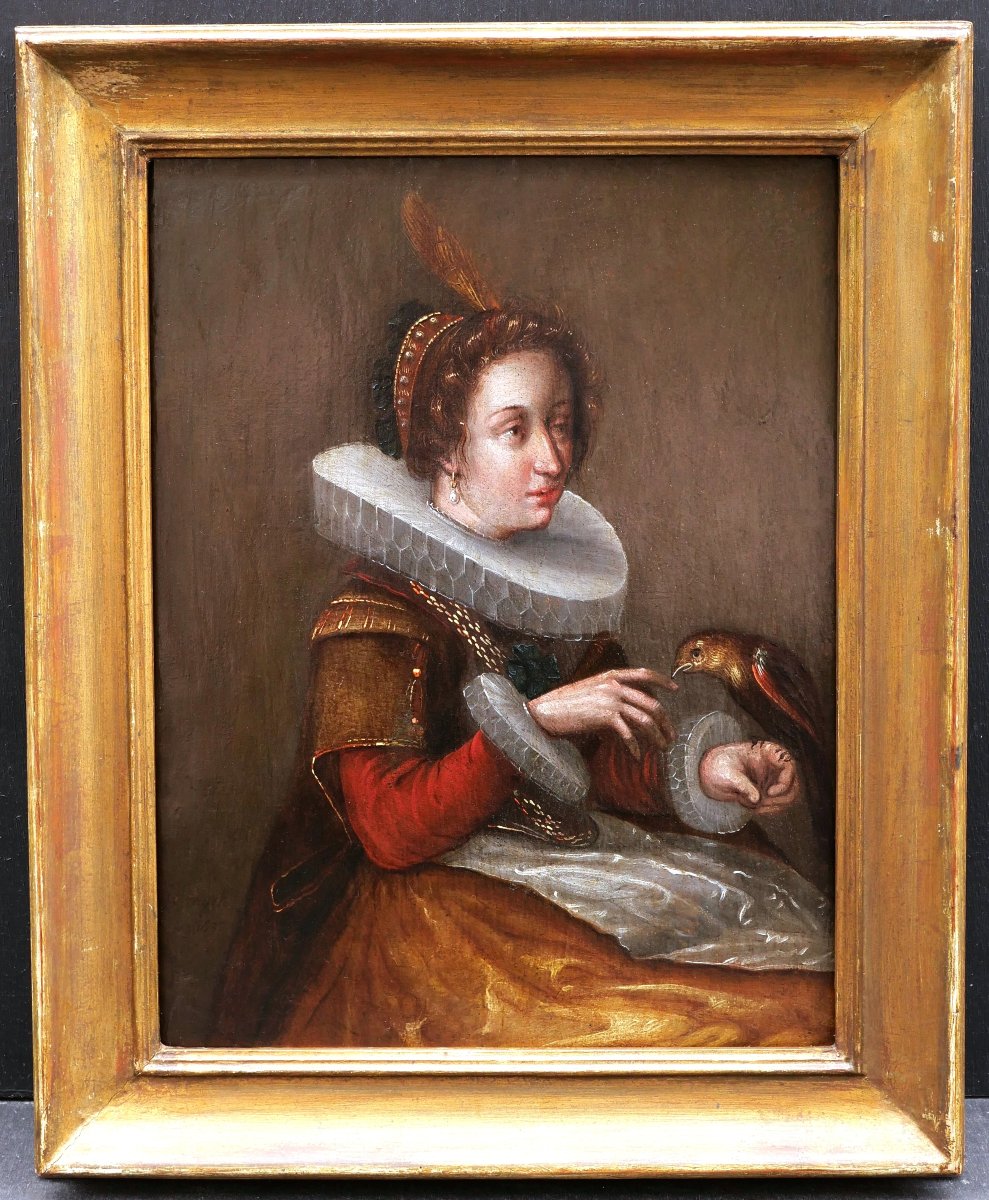 Frans Francken III, Noble Lady Holding A Bird, Old Master Flemish Painting (17th Century)-photo-4