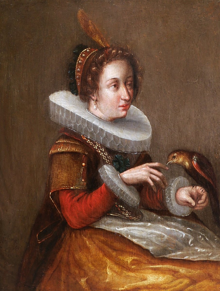 Frans Francken III, Noble Lady Holding A Bird, Old Master Flemish Painting (17th Century)