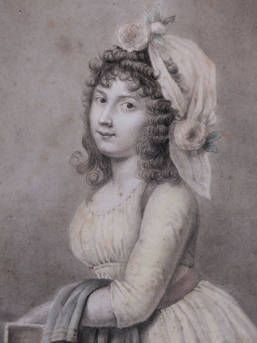 Late 18th C. French School, Portrait Of A Young Woman, Old Master Drawing Signed “augustin”-photo-2