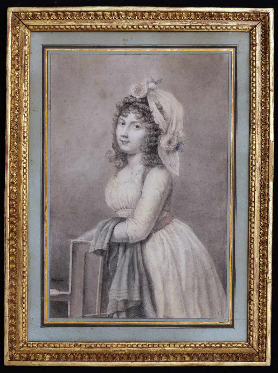 Late 18th C. French School, Portrait Of A Young Woman, Old Master Drawing Signed “augustin”-photo-4