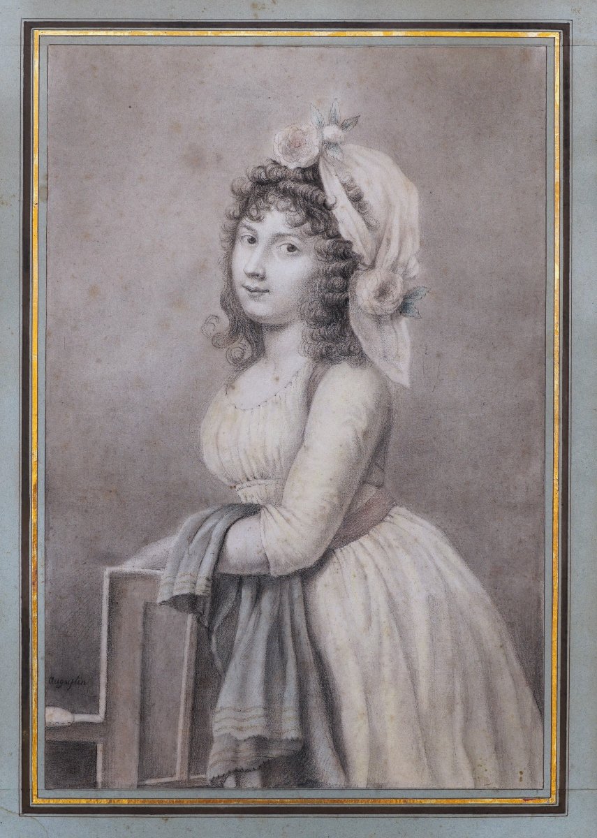 Late 18th C. French School, Portrait Of A Young Woman, Old Master Drawing Signed “augustin”-photo-1