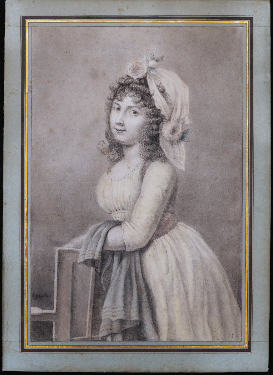 Late 18th C. French School, Portrait Of A Young Woman, Old Master Drawing Signed “augustin”-photo-2