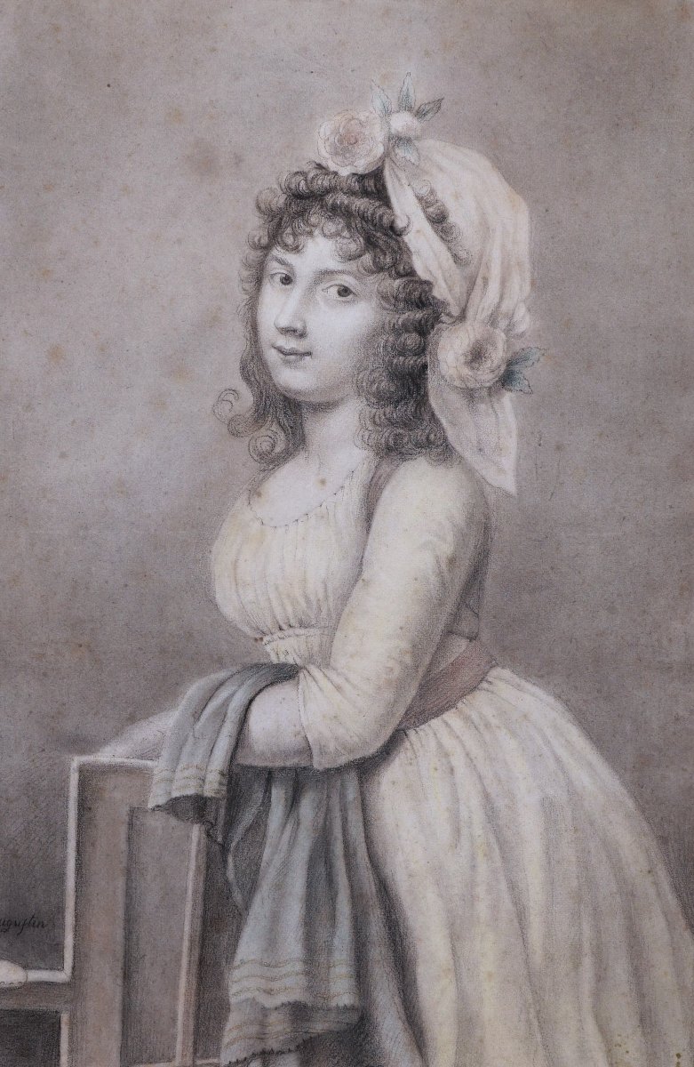 Late 18th C. French School, Portrait Of A Young Woman, Old Master Drawing Signed “augustin”