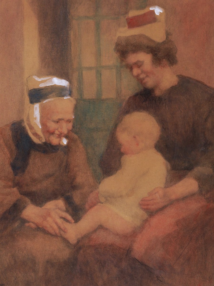 Max Clément, Two Women With A Child, Brittany, Drawing-photo-2