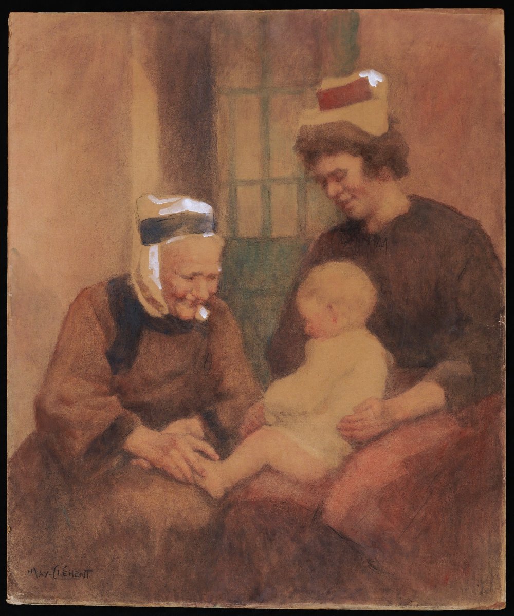 Max Clément, Two Women With A Child, Brittany, Drawing-photo-4
