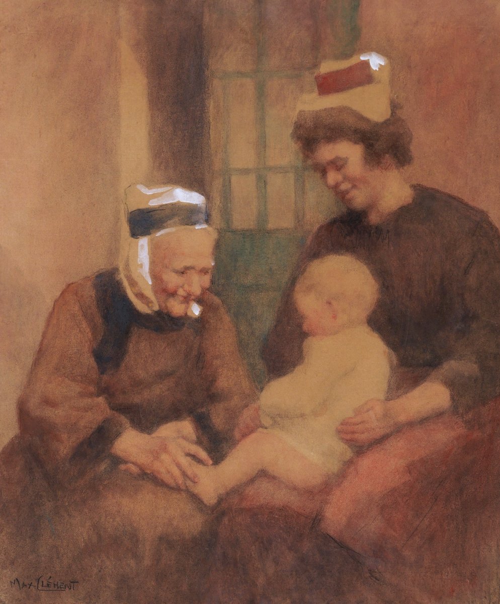 Max Clément, Two Women With A Child, Brittany, Drawing