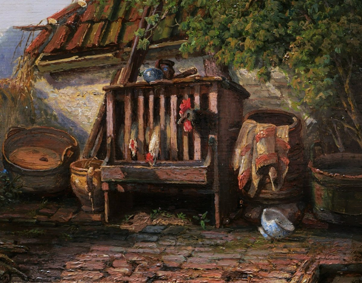 Gerhardus Meijer, Farmyard With Chickens, Landscape Painting-photo-2