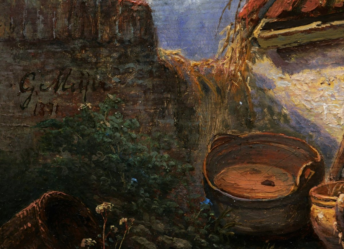Gerhardus Meijer, Farmyard With Chickens, Landscape Painting-photo-3