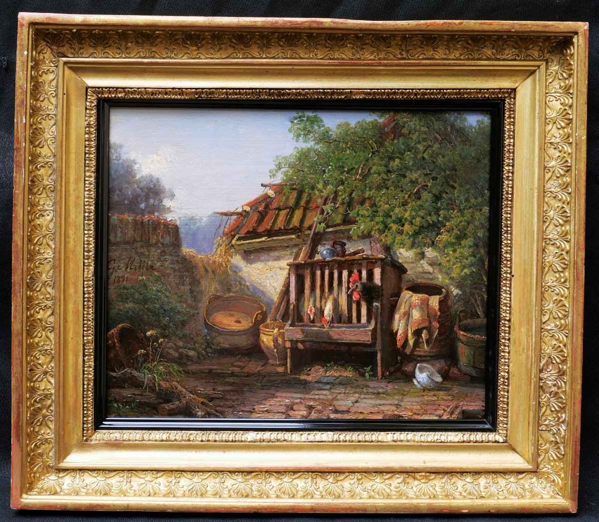 Gerhardus Meijer, Farmyard With Chickens, Landscape Painting-photo-4