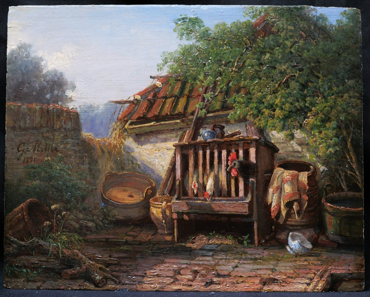 Gerhardus Meijer, Farmyard With Chickens, Landscape Painting-photo-1
