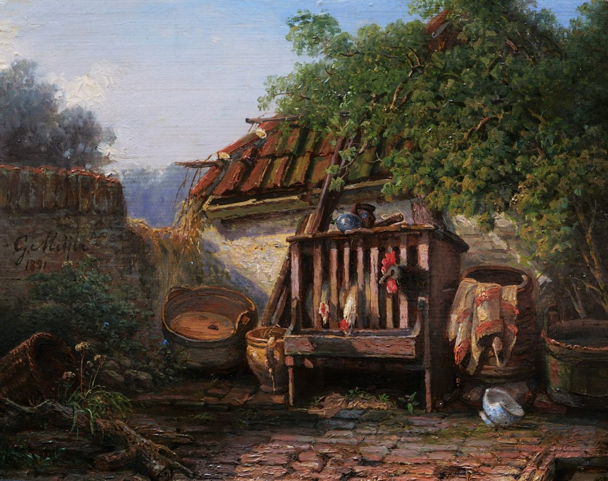 Gerhardus Meijer, Farmyard With Chickens, Landscape Painting