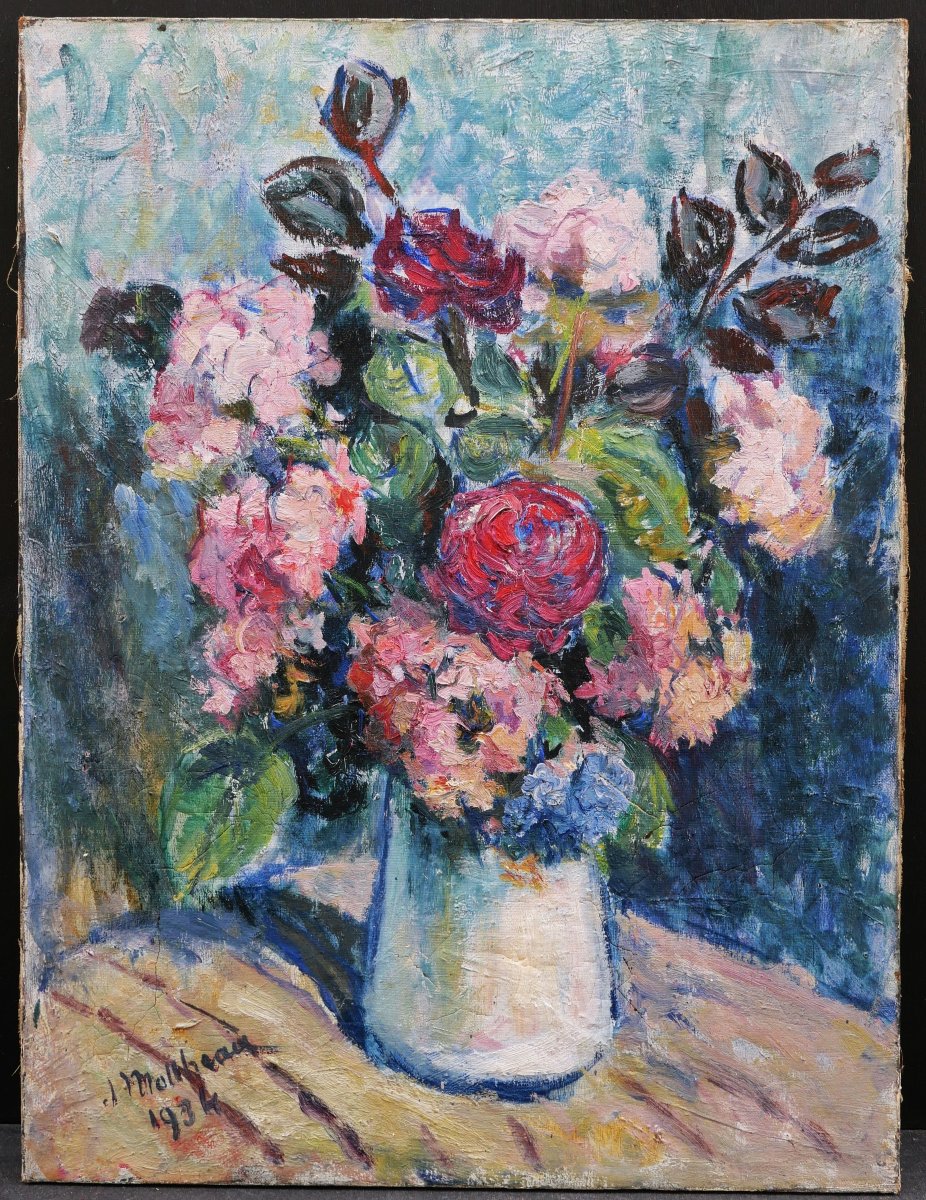Jacques Mottheau, Vase With Flowers, Breton Still Life Painting Of  Flowers (seiz Breur)-photo-1