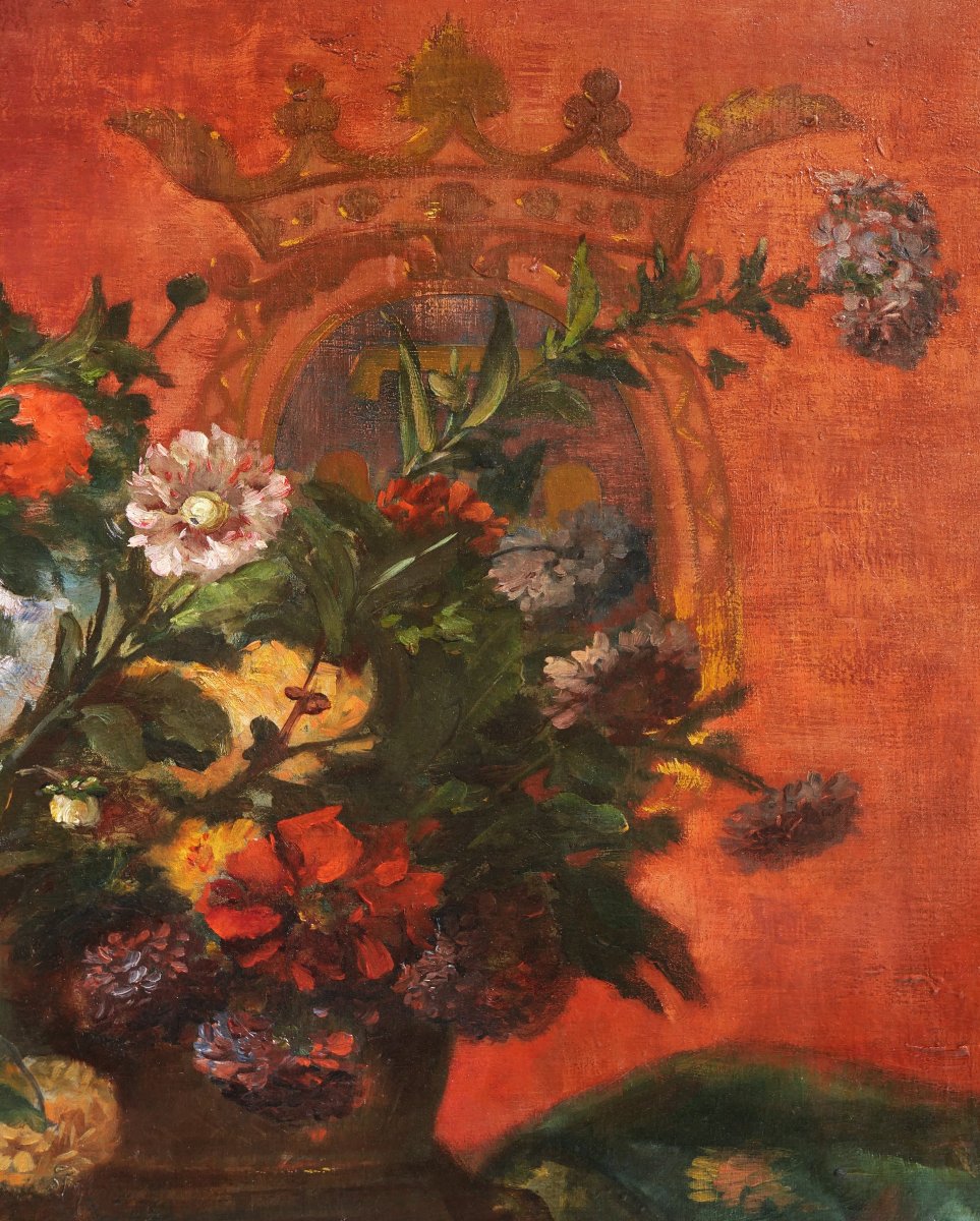 Eugène Henri CAUCHOIS, Grande nature morte aux fleurs et blasons des Orléans, tableau-photo-3