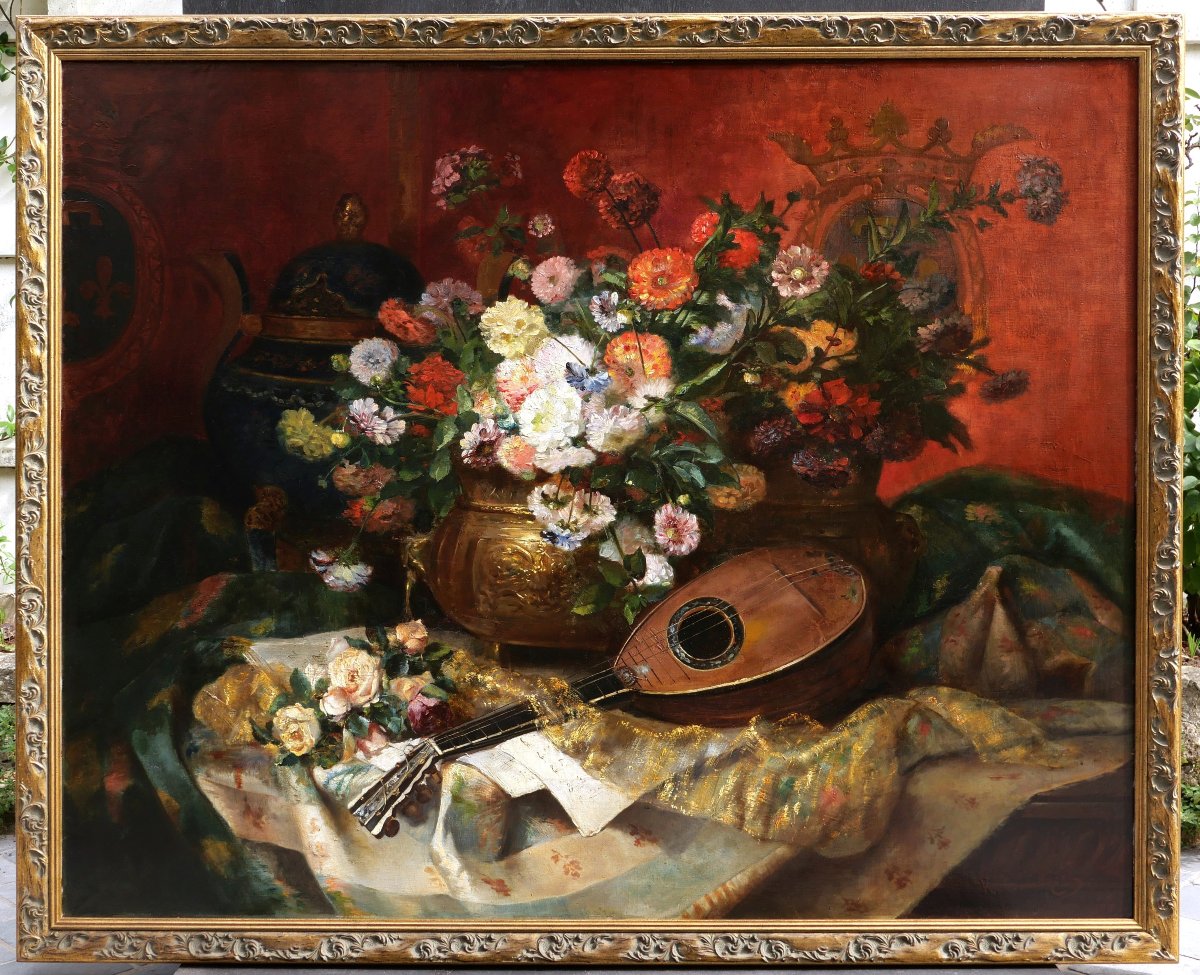 Eugène Henri CAUCHOIS, Grande nature morte aux fleurs et blasons des Orléans, tableau-photo-2