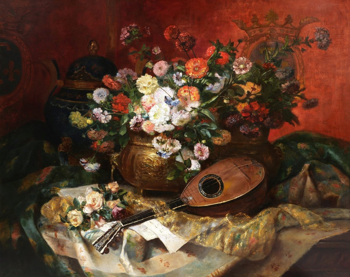 Eugène Henri CAUCHOIS, Grande nature morte aux fleurs et blasons des Orléans, tableau