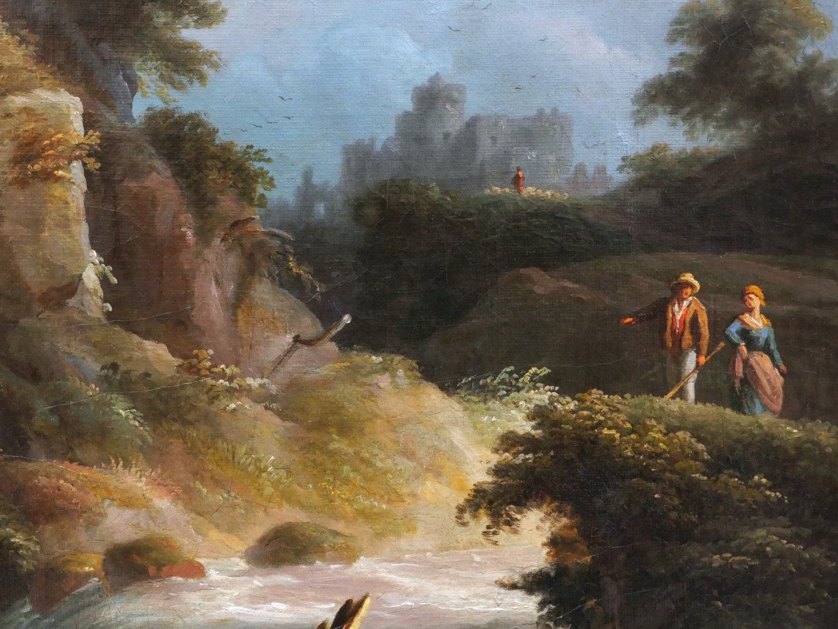 French School, Circa 1830, Romantic Landscape With A Waterfall And A Couple, Painting-photo-2