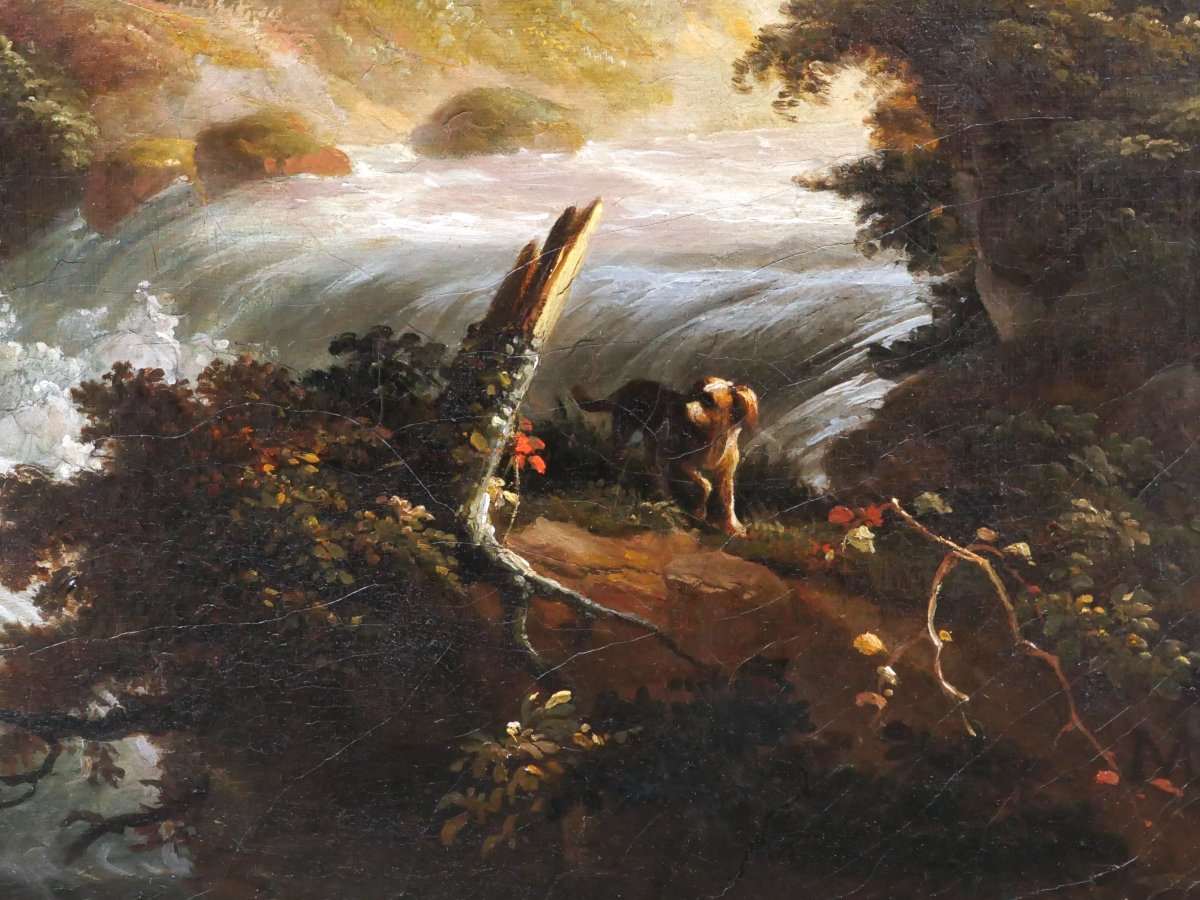 French School, Circa 1830, Romantic Landscape With A Waterfall And A Couple, Painting-photo-3