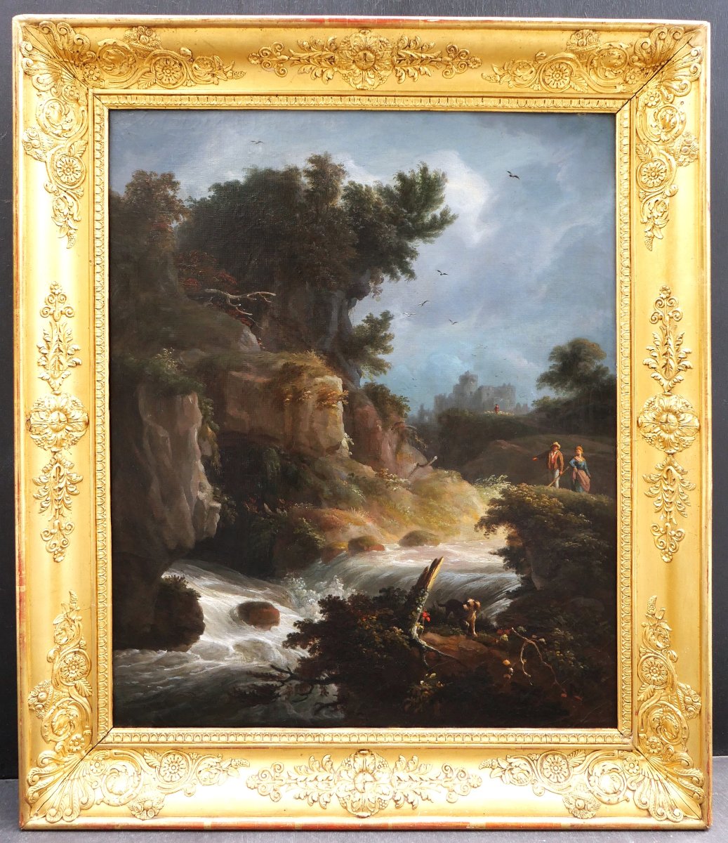 French School, Circa 1830, Romantic Landscape With A Waterfall And A Couple, Painting-photo-1