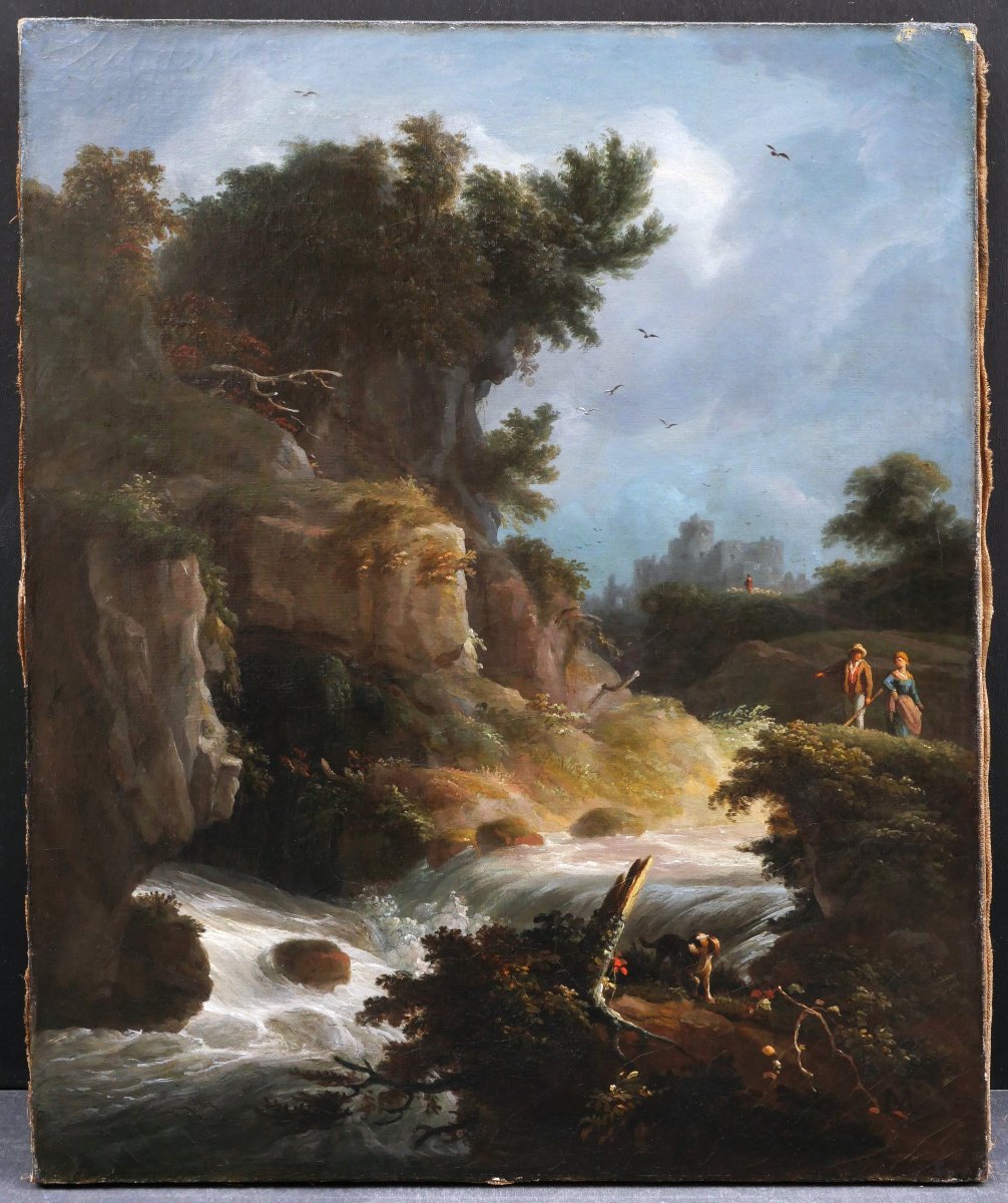 French School, Circa 1830, Romantic Landscape With A Waterfall And A Couple, Painting-photo-2
