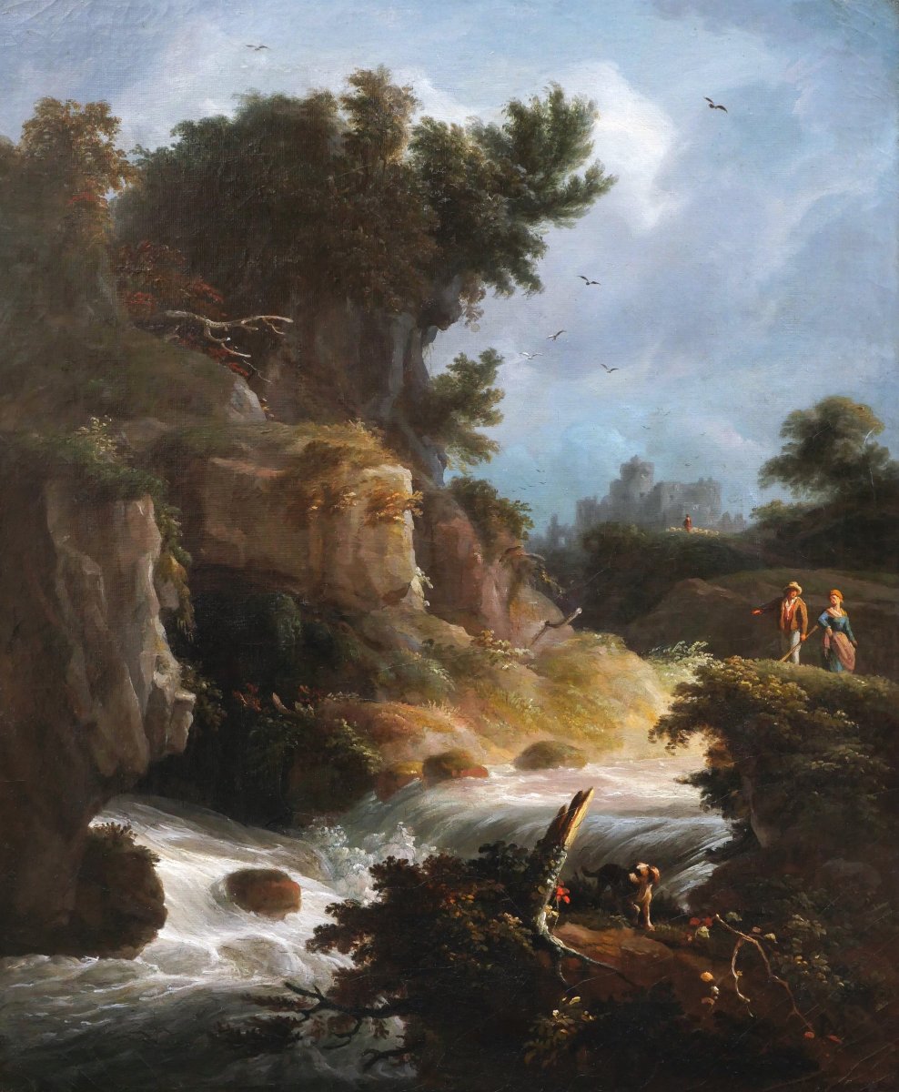 French School, Circa 1830, Romantic Landscape With A Waterfall And A Couple, Painting