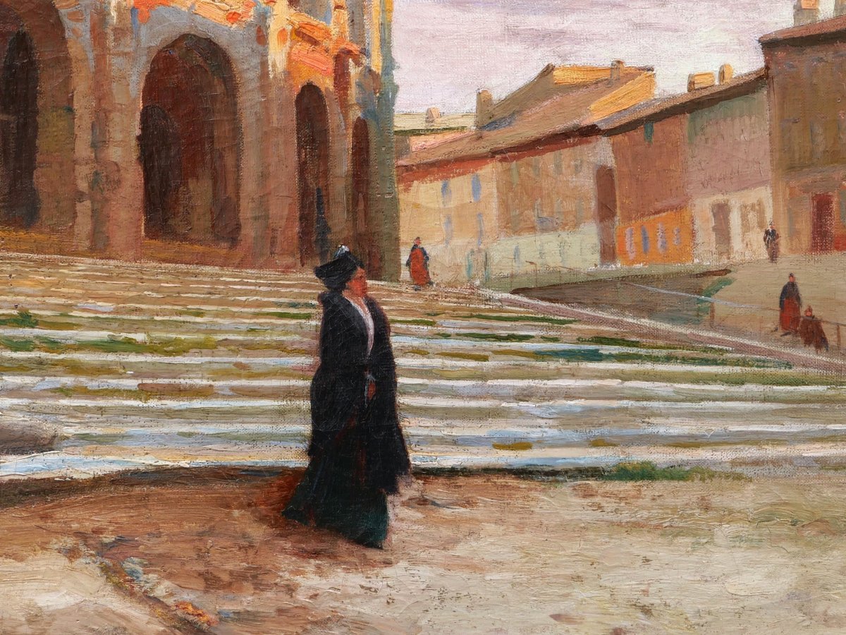 Attributed To Frédéric Montenard, *arlésienne In Front Of The Ancient Theater Of Arles*, Painting (landscape)-photo-2