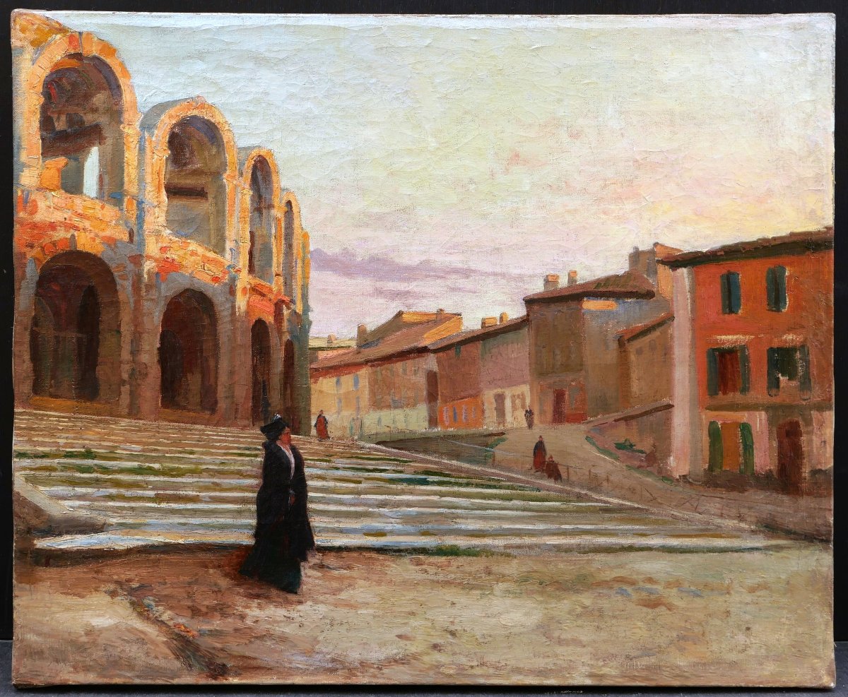 Attributed To Frédéric Montenard, *arlésienne In Front Of The Ancient Theater Of Arles*, Painting (landscape)-photo-4